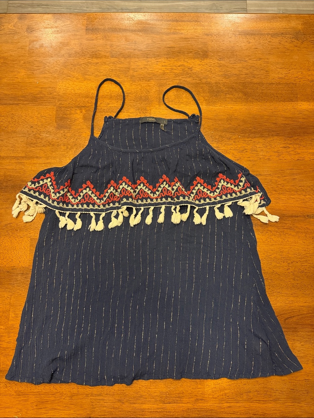 THML Navy Spaghetti Strap Tank with Red Trim and Cream Tassels Size L